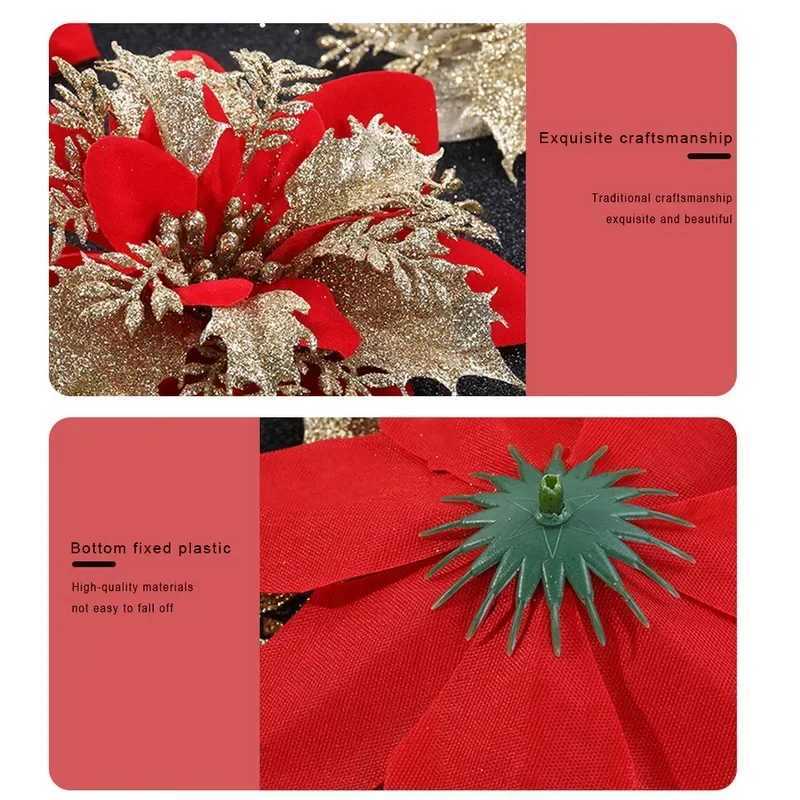 5PCS Glitter Artificial Christmas Flower Red Rose Head Flower Christmas Tree Decoration Home Wedding Party DIY Accessories C251024