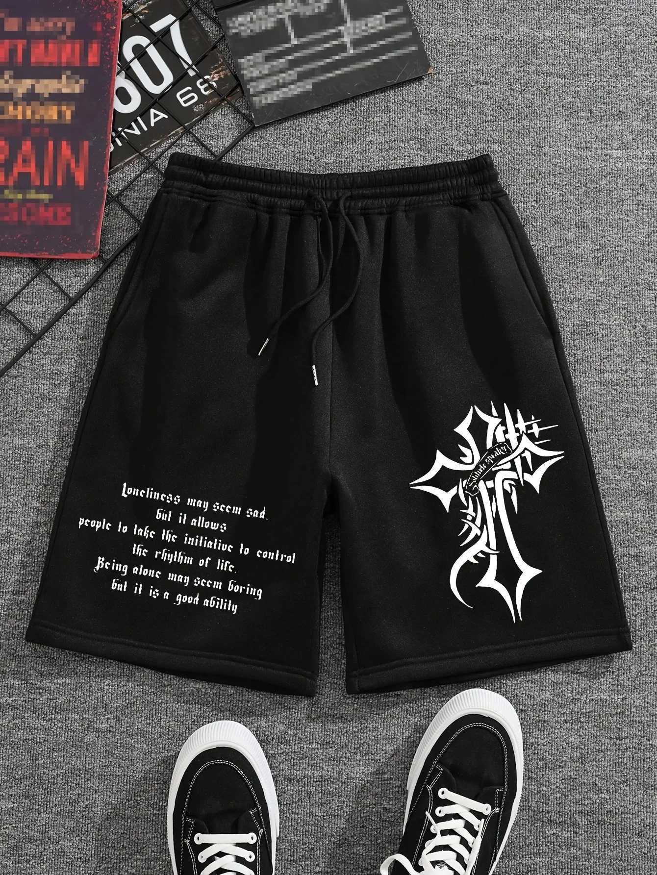 New Mens Casual Athletic Shorts Black with Gothic Cross Print Elastic Waistband Drawstring Lightweight Regular for Casual TopsXJ251025