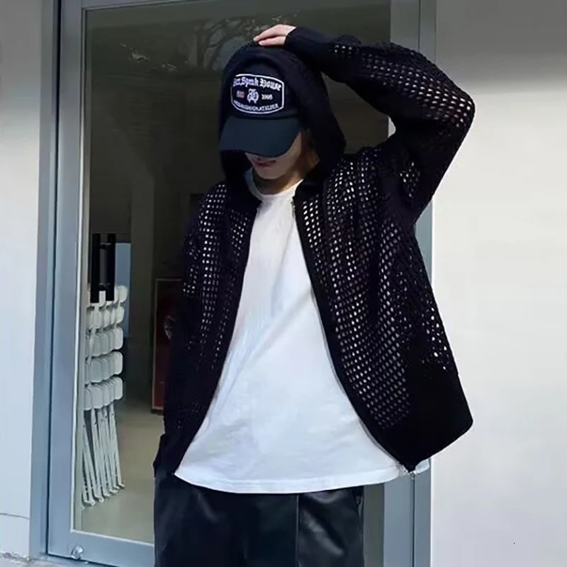 Mens Casual Hollow Coats Breathable Cardigan Sweater Summer Lightweight Hooded Knitted Top Korean Trendy Streetwear Clothe 251020