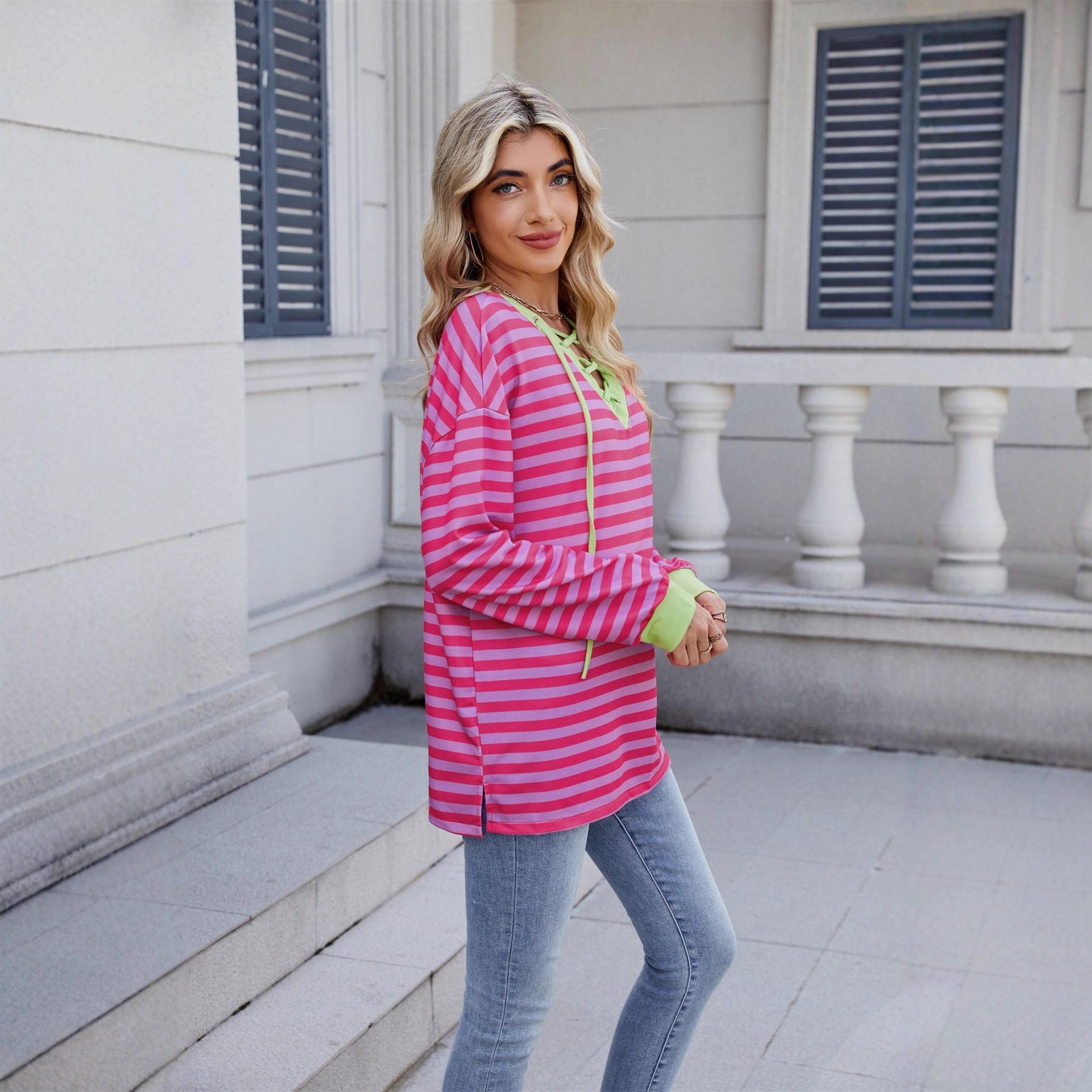 2025 Autumn Winter New Fashion Striped Top Womens Loose Tie Sweatshirt