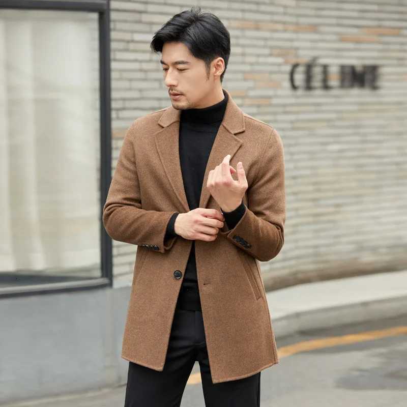 Autumn Winter Doublesided Cashmere Coat Mens Mid Long Gray Wool Woolen Jacket Offseason Highend Suit Business Trench OutwearT251025