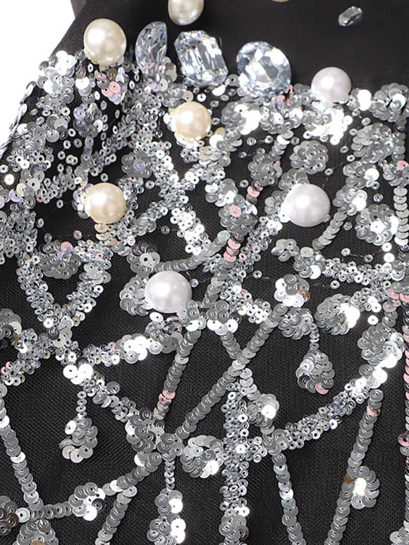 Temperament Women Dress Peaked Lapel Long Sleeve High Waist Spliced Pearls Crystal Sequins Mini Dresses Customized