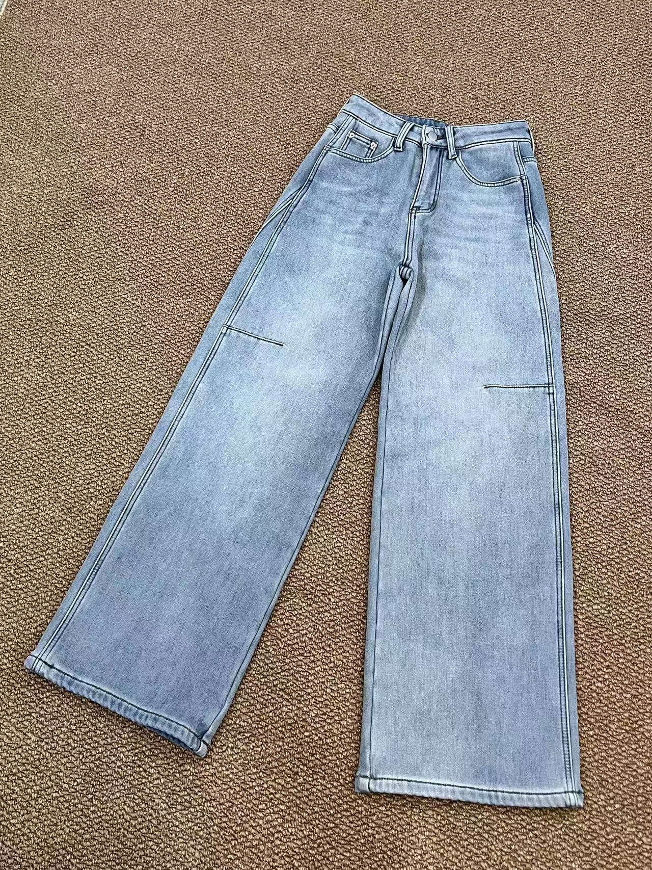 Women's Fleece-Lined Wide-Leg Jeans - Casual Loose Fit, Warm Comfortable, Trendy Denim Pants for Autumn & Winter Daily Wear 18513 Z260313