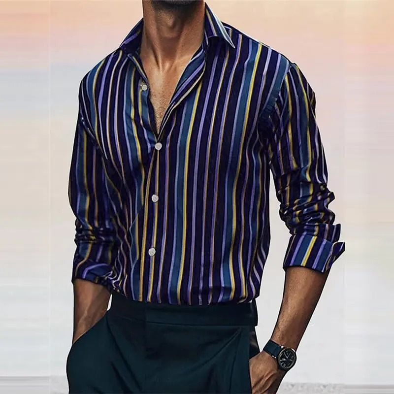 Fashion mens striped shirt stylish casual outdoor long sleeve lapel button soft and comfortable material plus size 251023