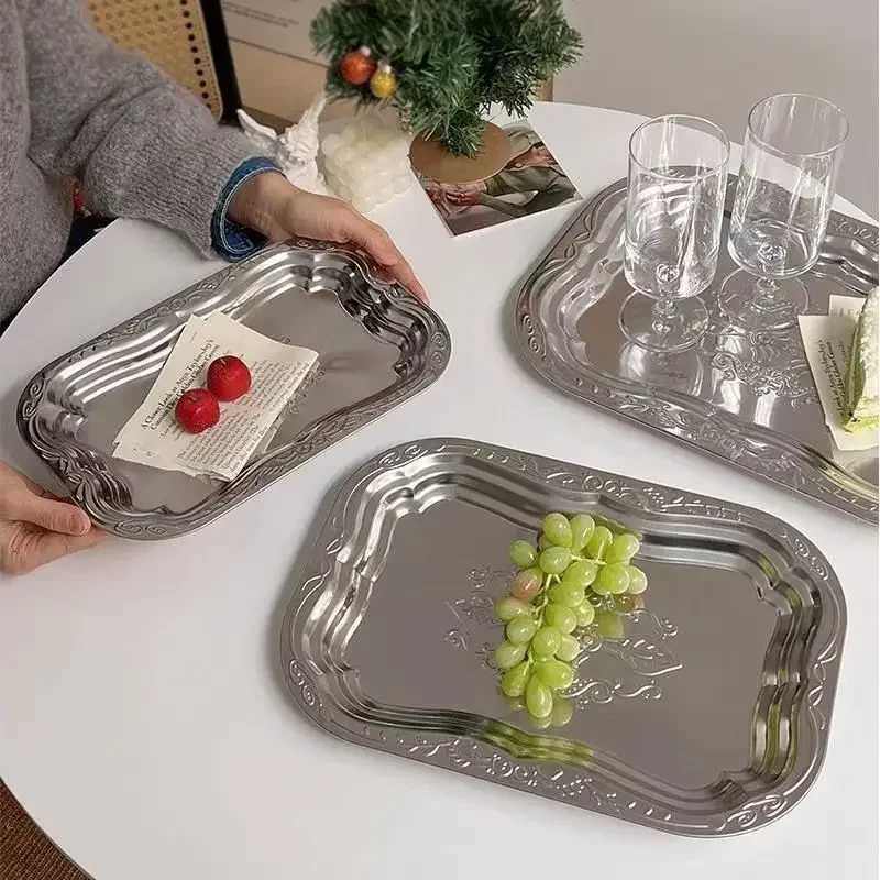 1PCS Stainless Steel Rectangar Tray with Embossed Design for Kitchen Living Ro Storage Durable Fruit Snack Cake Serving Dish Y251025