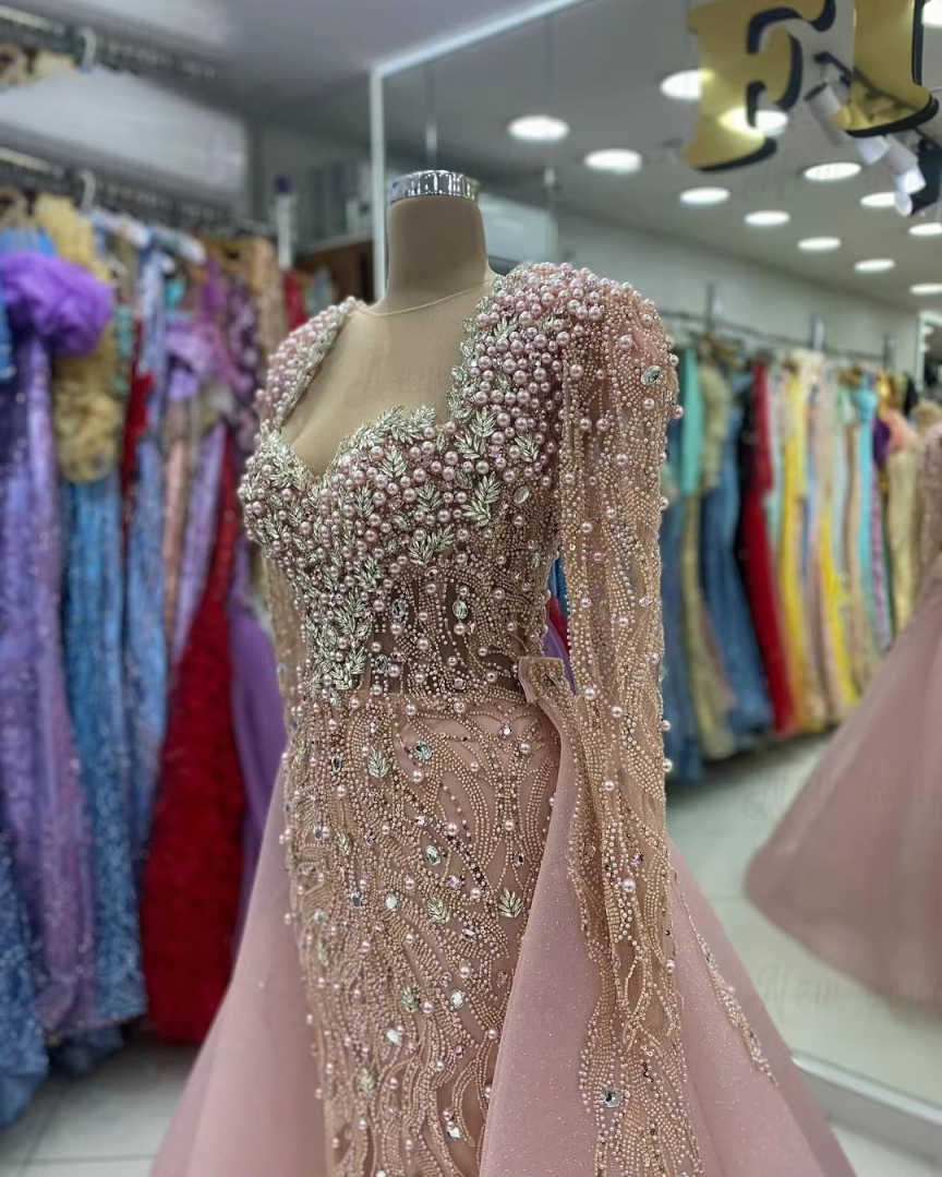Sparkling Women Evening Dress Long Sleeve Pearls Rhinestone Wedding Dinner Party Bride Gowns Formal Prom Dress Customized