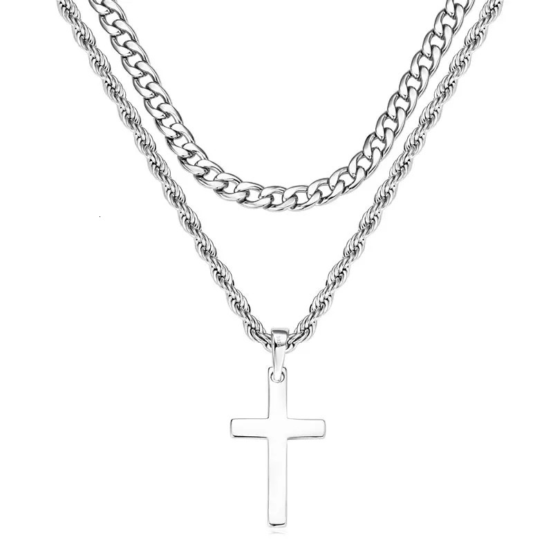 RAPRGOLD 925 Sterling Silver Cross Pendant Necklace for Men and Women Doublelayered Cuban Rope Chain Fine Jewelry Gifts collares 251013