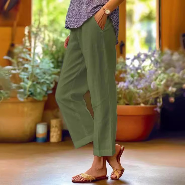 2025 Women's Cotton Linen Loose Solid Color Elastic Waist Pocket Straight Casual Pants