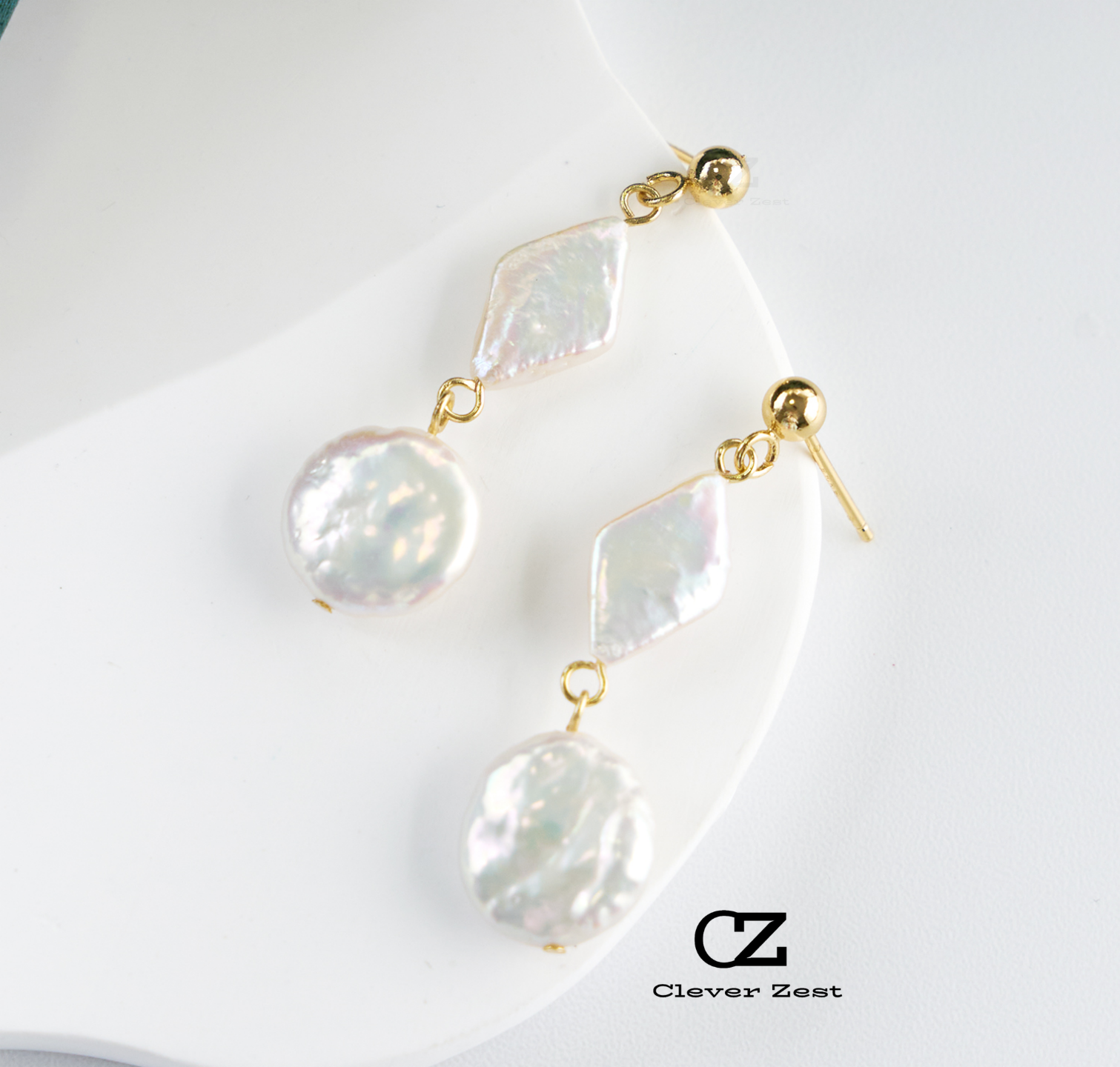 Natural White Diamond-Shaped Button Baroque Earrings 14K Gold-Filled Fashionable Versatile Trend Anniversary Gift Best Friend Gift