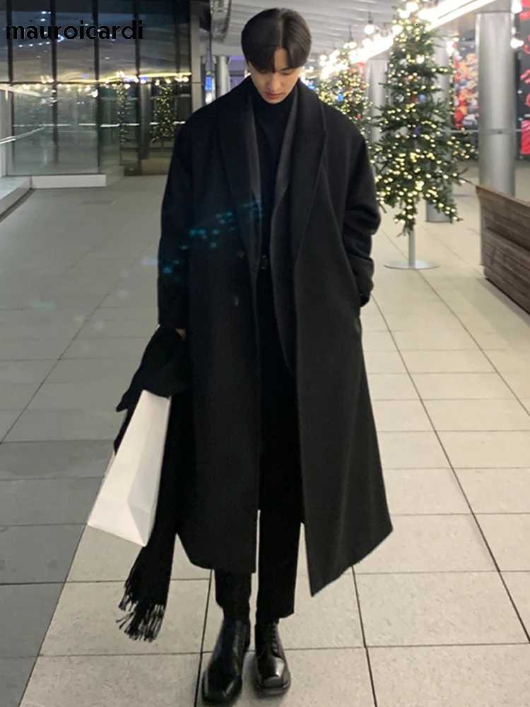 Mauroicardi Autumn Winter Long Loose Casual Black Warm Wool Blends Trench Coat Men Double Breasted Korean FashionT251025