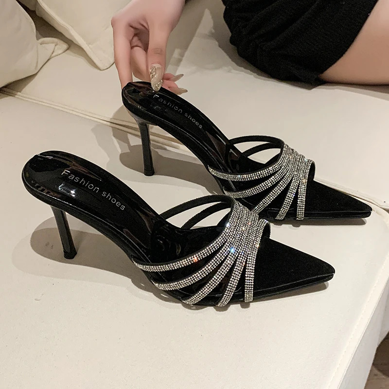 Sexy High Heels Slipper Women Summer Fashion CRYSTAL Narrow Band Pointed Toe Slides Stripper Party Sandal Mule Shoes 251023
