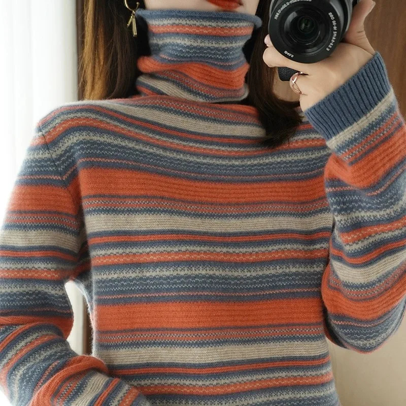 Autumn Winter Women Sweater Turtleneck Long Sleeve Warm Pullovers Fashion Stripe Knitwear Korean Bottoming Shirt Basic Jumper 251023