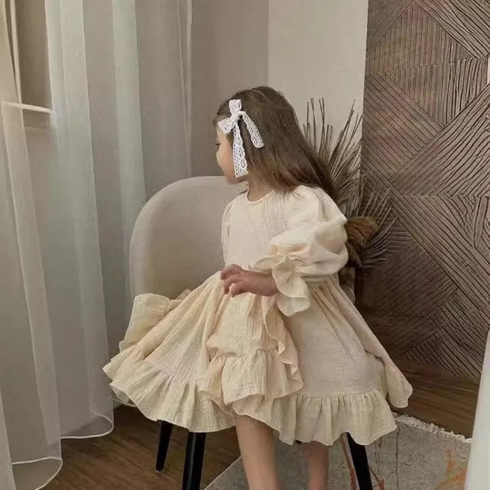 4475 Children Dress Autumn Linen Ruffled Slit Hem Dress Elastic Sleeve British Girls Dress 251023