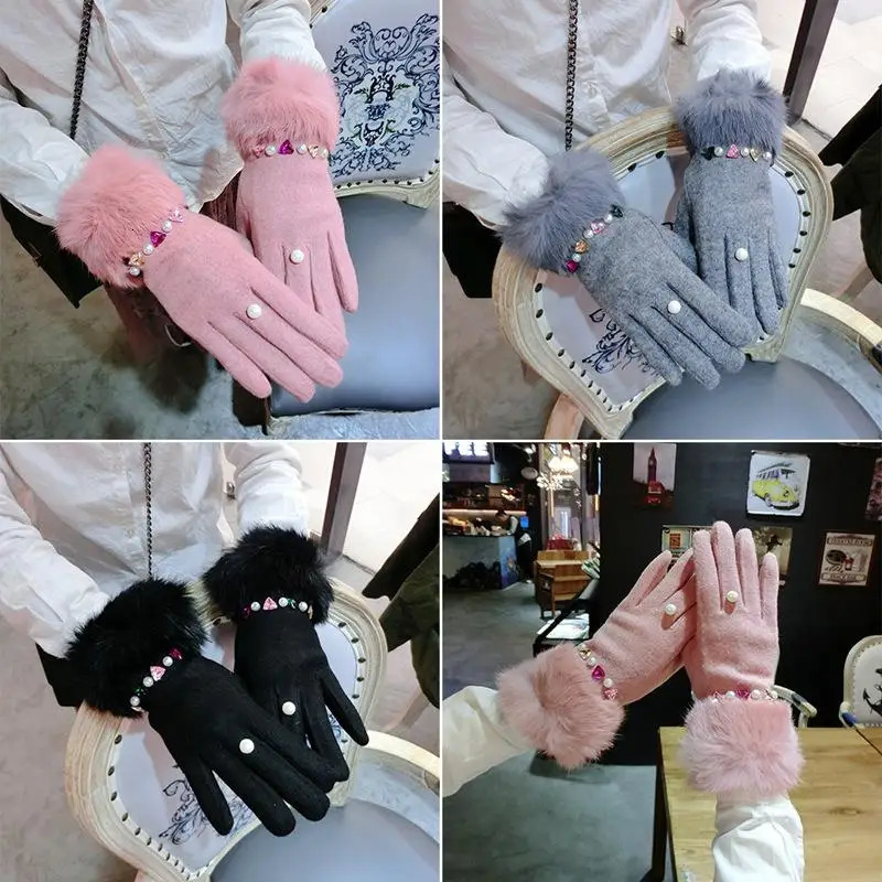 Colorful Rhinestone Flash Diamond Woolen Cashmere Gloves Korean Fashion FiveFinger Warm Touch Screen Gloves Women 251023
