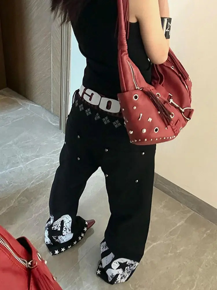 American contrasting double waist splicing drawstring print retro women jeans fashionable high street casual floor jeans 251024