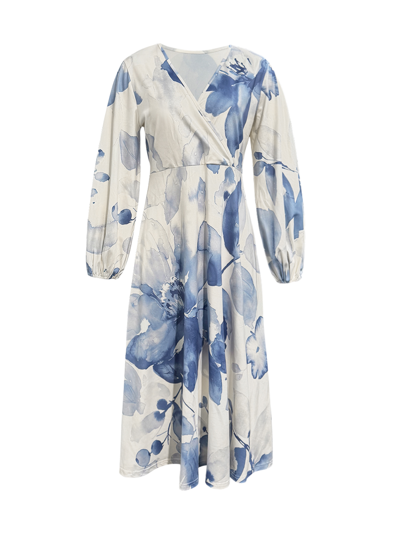 Women's Elegant Ink Floral Printed V-Neck Long Sleeve Midi Dress, Casual Commute Blue & White Dress--CF53903