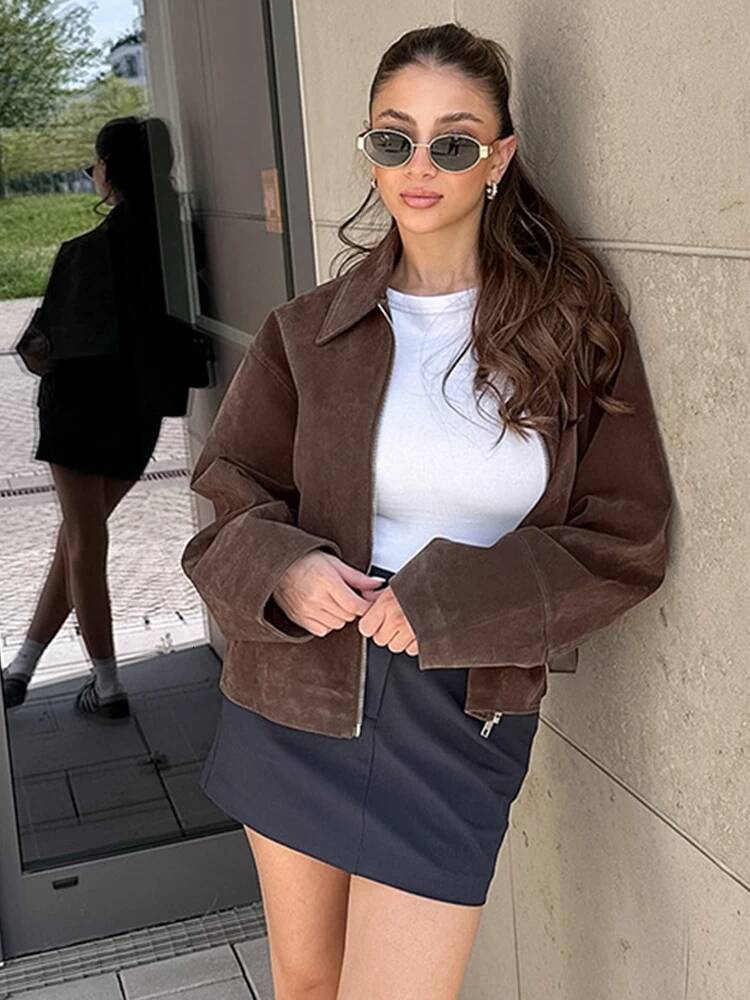 Women Dark Brown Suede Coats Stand-up Collar Short Loose Zipper Single Breasted Long Sleeves Jacket 2025 Autumn Fashion New Coat dongdumaoyi