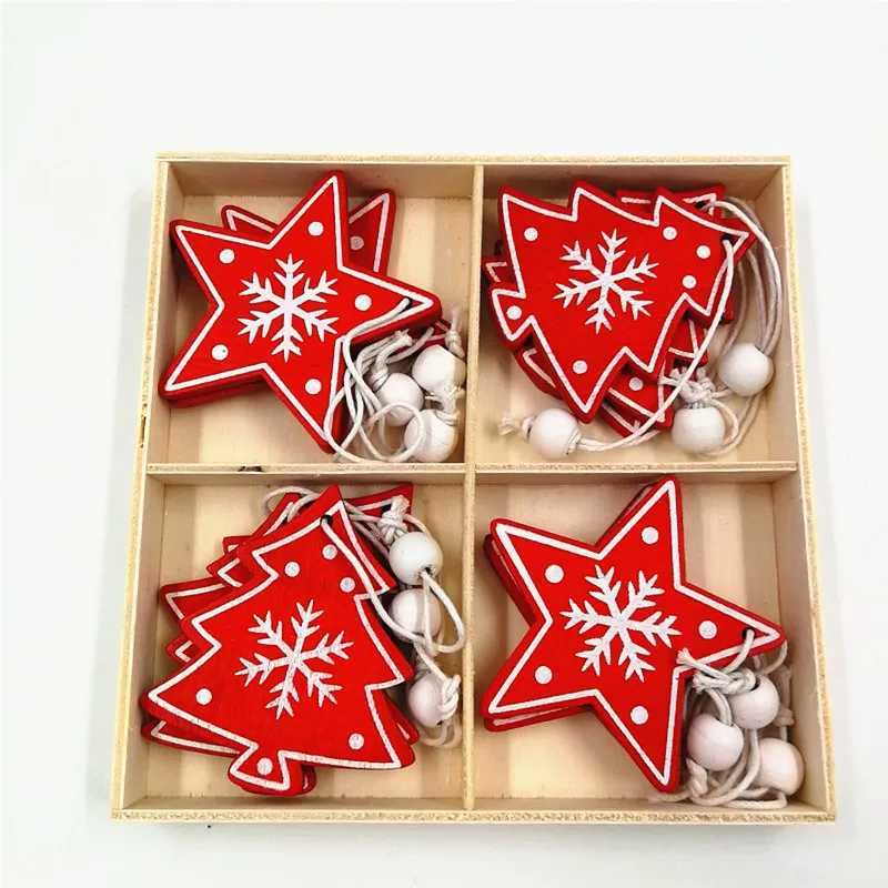 New 12pcsSet Christmas Decoration Pure Wood Pendant Elk Bell Snowflake Stars Wood Pendant Christmas Tree Pendant Decor Supplies C251024