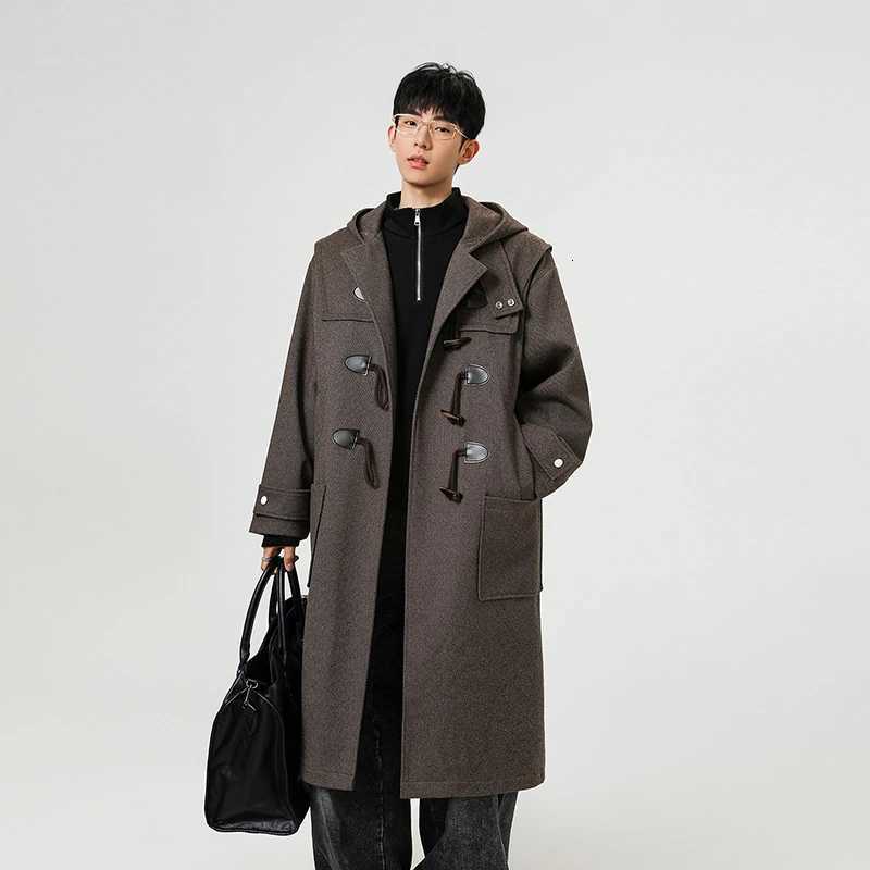 Coffee Color Mens Long Hooded Blend Trench Coat with Bullhorn Buttons Retro Midlength Windbreaker with Extended CoatT251025