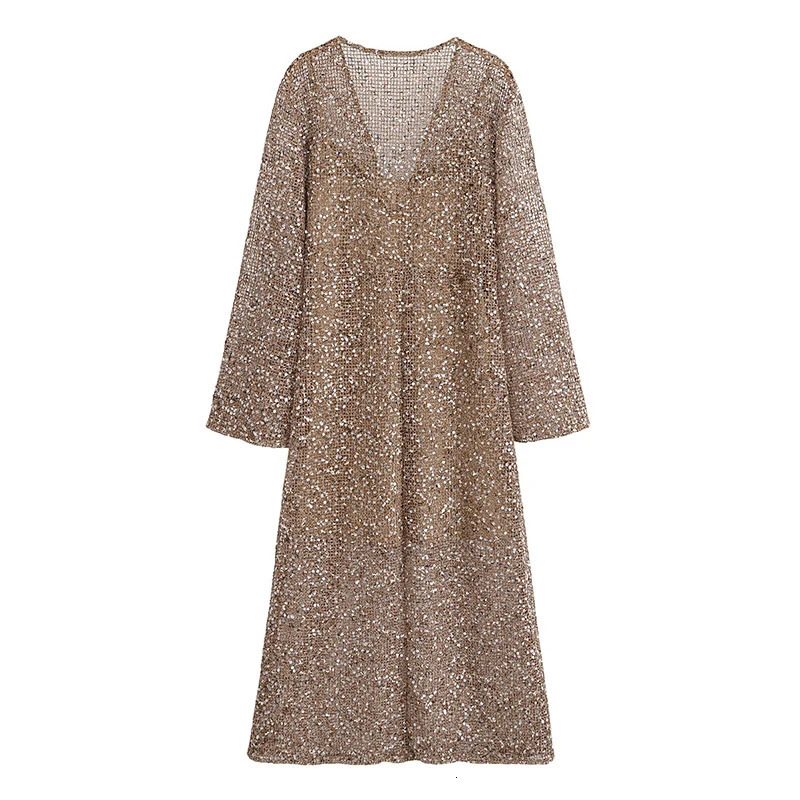 Sexy Sequined Long Pleated Dress Women Deep Vneck Full Sleeve See Through Dresses 2025 Summer Lady Party Evening Dresses 251023