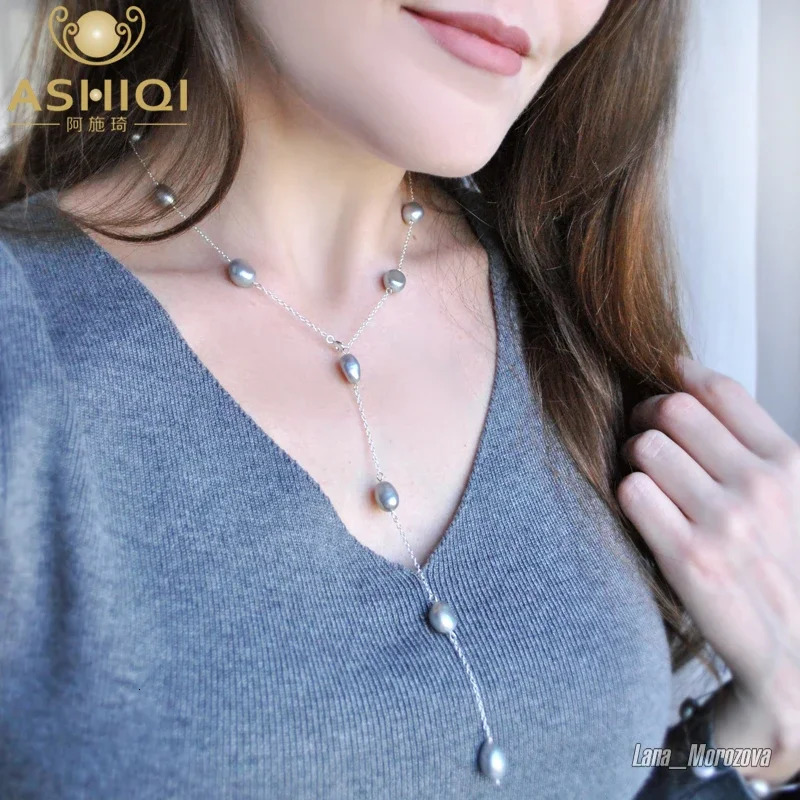 ASHIQI Real 925 Sterling Silver Necklace 89mm Natural Baroque Pearl For Women Vintage Handmade Jewelry Gift 251016
