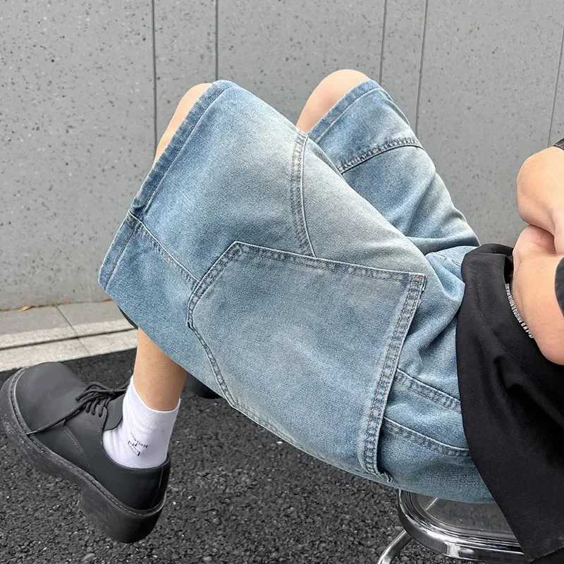 2025 Summer New Baggy Denim Shorts Fashion Casual Straight Harajuku Jeans Male Vintage Wash Drawstring Short Pants StreetwearXJ251025