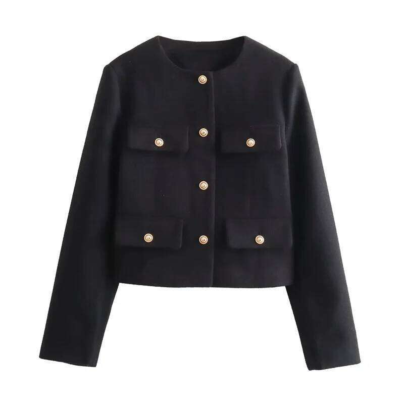 MUJER Cropped Tweed Jacket Woman Coat Button Long Sleeve Elegant Jackets For Women Short Coats Fashion New In Outerwears