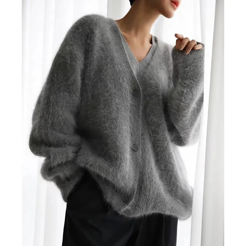 Spring Autumn Women Cardigan Sweater Jacket 2025 Mink Fur Versatile Female Sweater Vneck Loose Ladies Knitted Top 251013