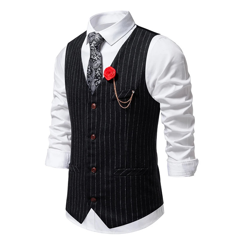 Arrival Mens Retro Tweed Vest Fashion Striped Dress Suit Vest Male Casual Vintage Gentleman Waistcoat Chain Accessories 251024