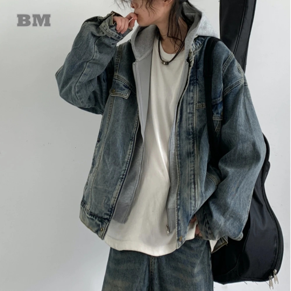Korean Fashion High Quality Hip Hop Denim Jacket Men Streetwear Couple Stand Collar Vintage Coat Kpop Distressed Jackets 251017