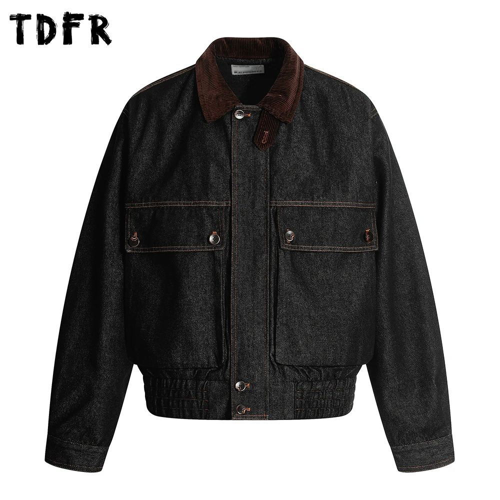 Big Pocket Denim Cargo Jacket Mens Autumn Retro Casual Spliced Lapel Loose Long Sleeve Outerwear Man 251017