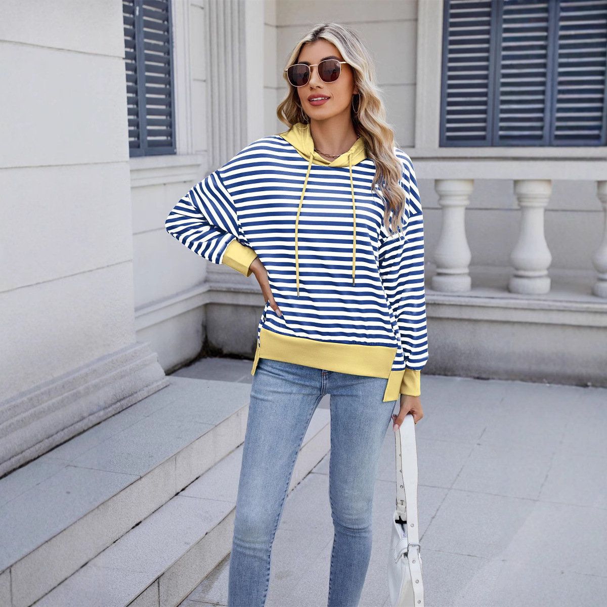 2025 Spring Summer New Loose Striped Sweatshirt Color Block Irregular Top