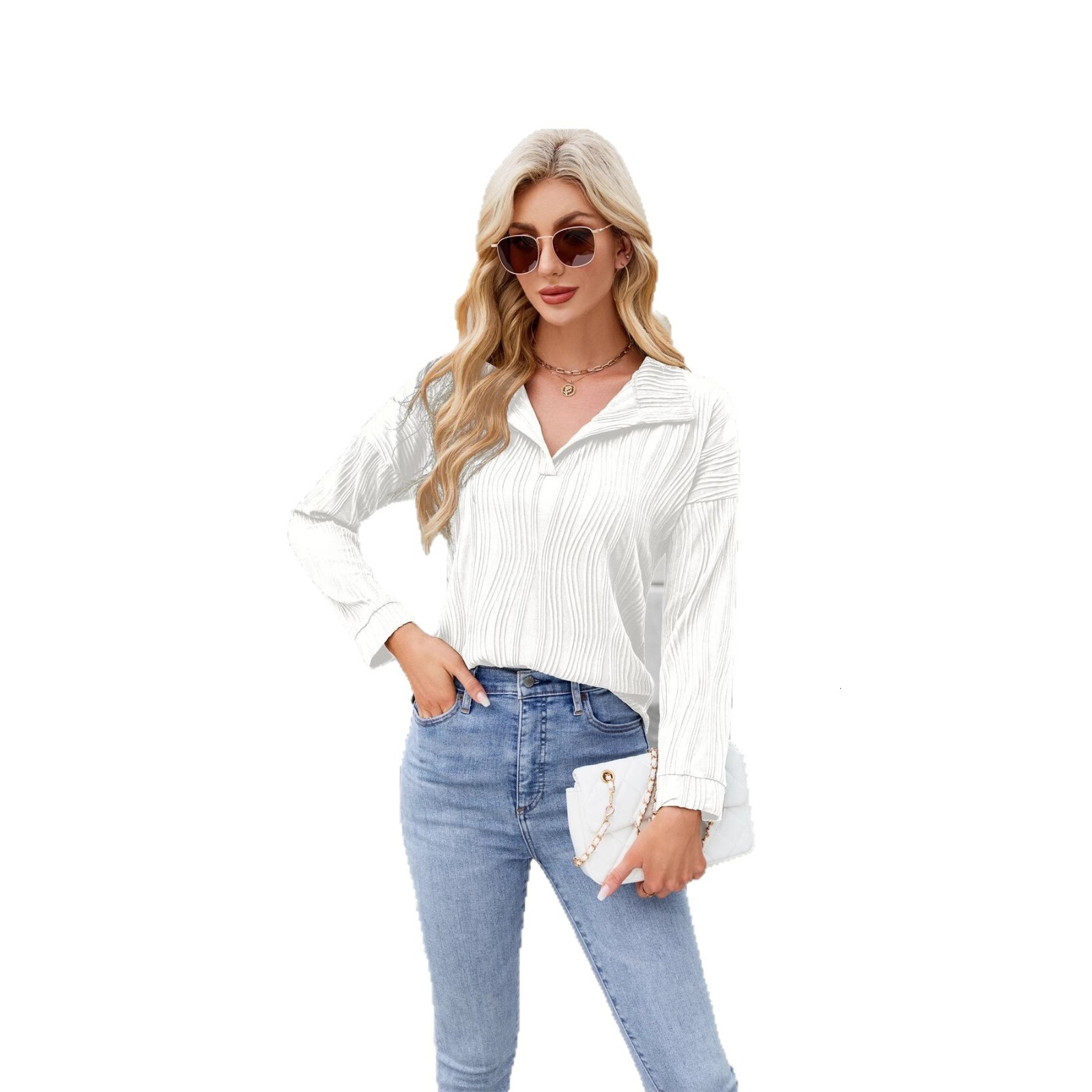 2025 New Womens Clothing Top Casual Vneck Solid Color Polo Shirt Long Sleeve