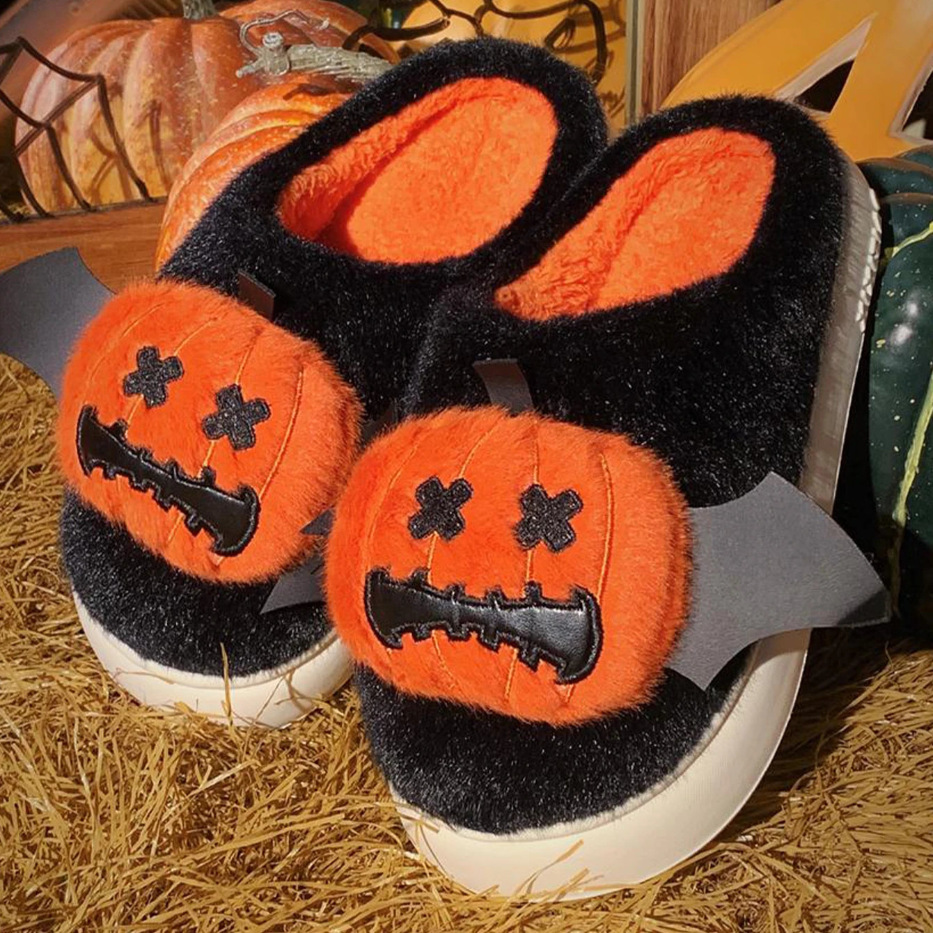 Halloween Ghost Pumpkin Bat Women Winter Slippers Casual Soft Heel Platform Fur Warm Indoor Comfortable Man Home Slippers251020