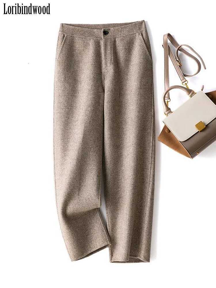Loribindwood Woolen Pipe Pants Women 2023 Autumn and Winter Loose Straight High Waist Tweed Casual Nine Points Radish TrousersT251025