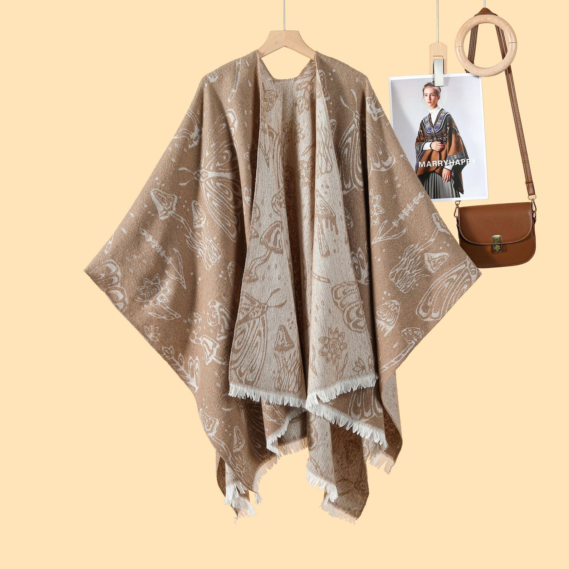 New Style Pastoral Style Womens DoubleSided Loose Beaded Jacquard Warm Split Outer Cape Cloak