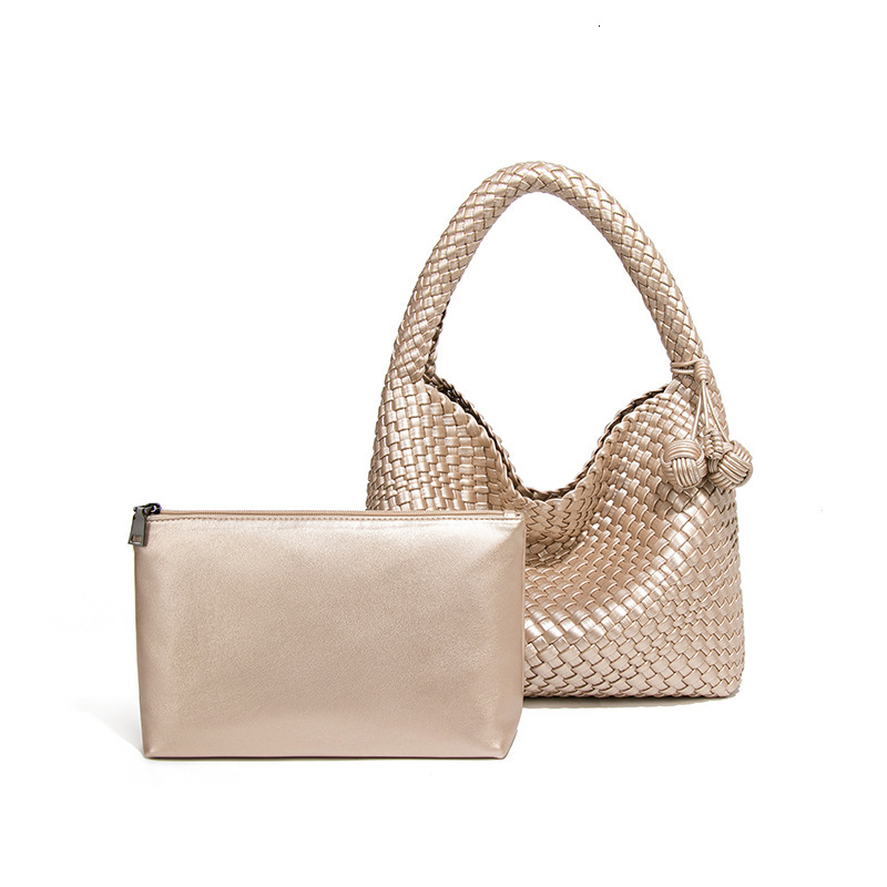 Live Trend Champagne Gold Woven Large Capacity Shoulder Tote High-end Handbag Underarm Bucket Bag