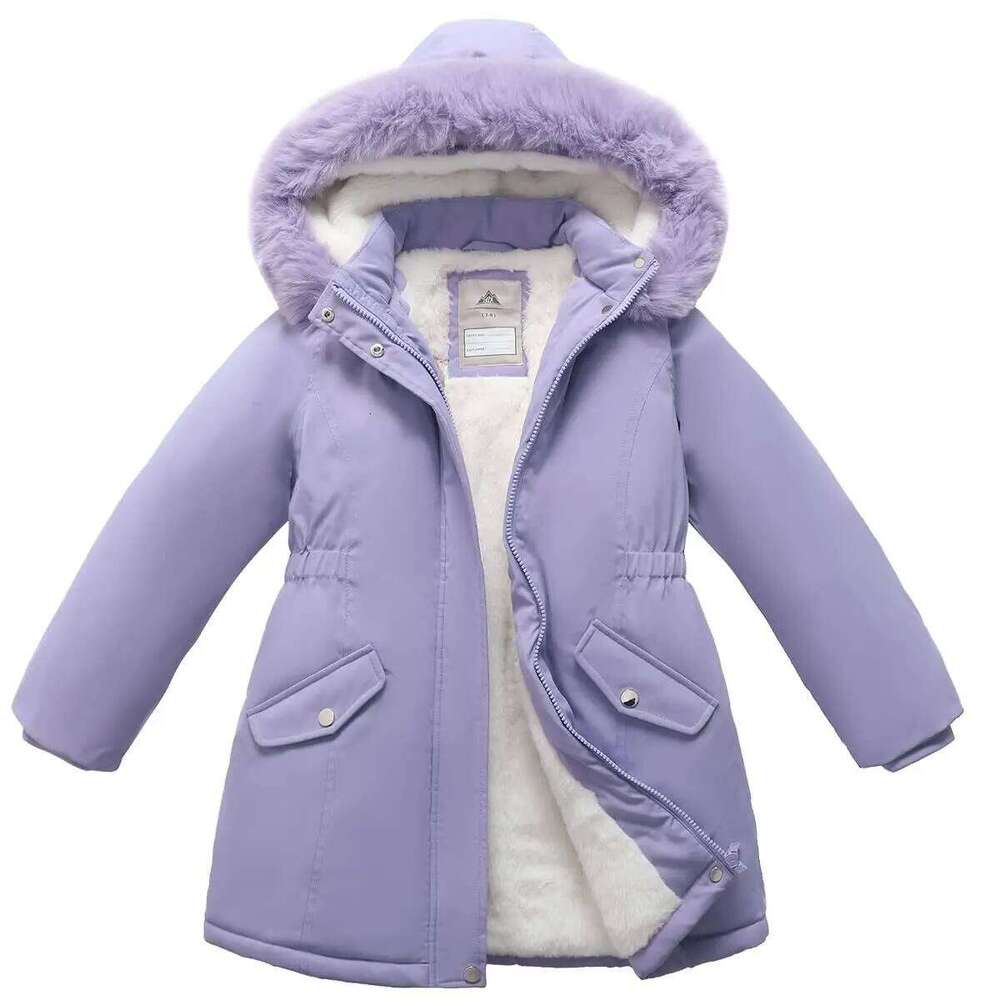 Teen Girls Winter Parkas New Kids Solid Color Waist Thickened Insulation Plush Hood Jacket Coat Children Clothes Long Outerwear