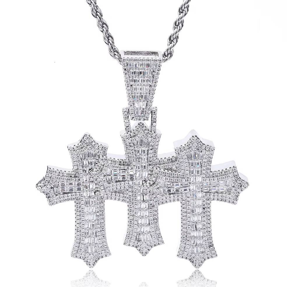Hip Hop New Style 925 Sterling Silver Sparkle VVS Iced Out Men Moissanite Jewelry Cross Pendant Chain Link Triple Cross Charm