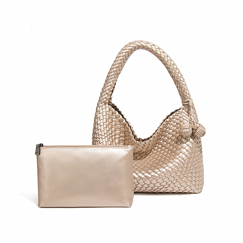 Live Trend Champagne Gold Woven Large Capacity Shoulder Tote High-end Handbag Underarm Bucket Bag