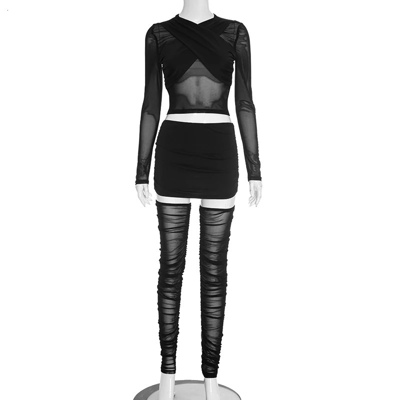 CUTENOVA Women Mesh Sheer CrossFront Gathered Collar LongSleeve Top LowWaist Bodycon Mini Skirt CalfLength Sock Set 251016