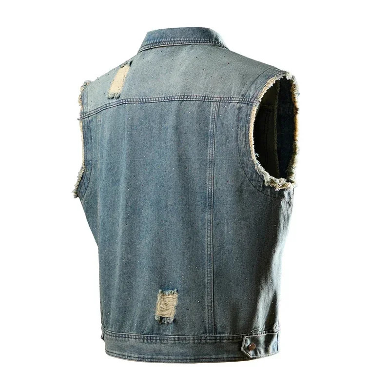 Blue Mens Ripped Sleeveless Denim Jacket Single Breasted Loose Vintage Old Vest Coat 2025 251017