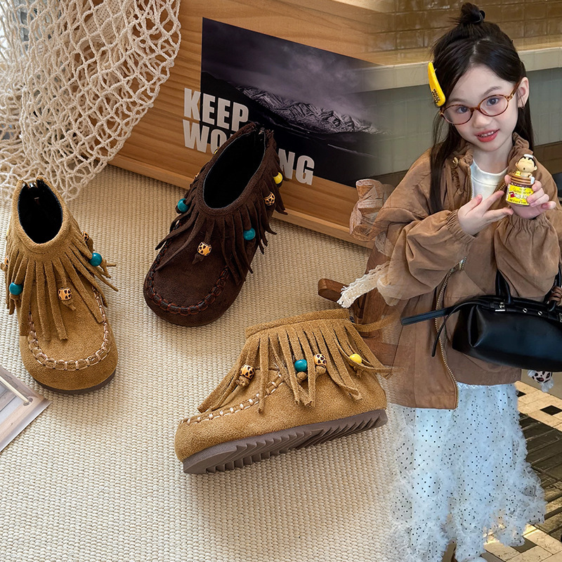Retro fashion designer princess children's shoes, girls' tassel boots, girls' boots, velvet short boots, girls' autumn and winter 