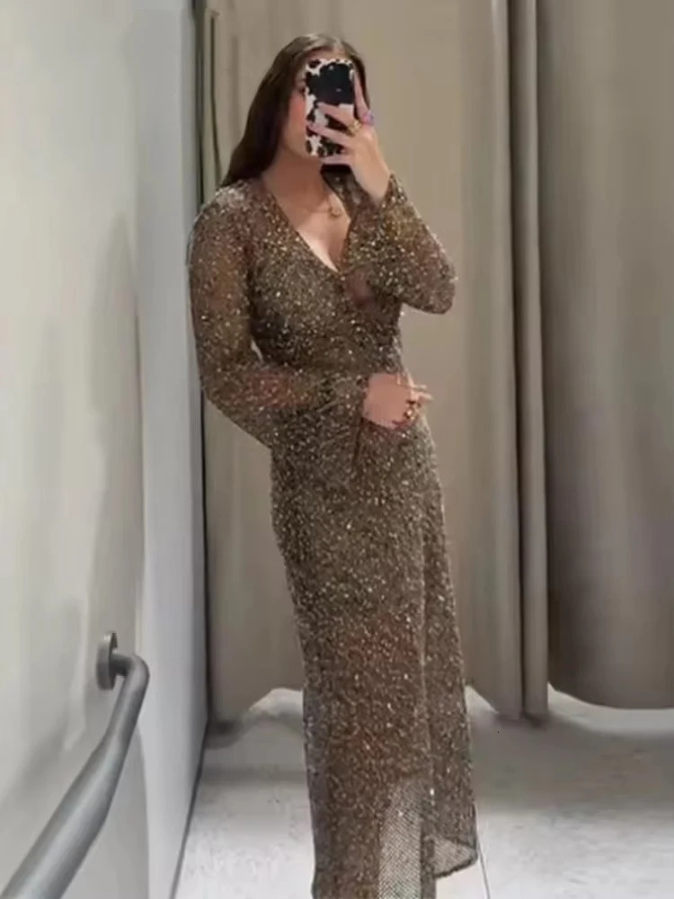 Sexy Sequined Long Pleated Dress Women Deep Vneck Full Sleeve See Through Dresses 2025 Summer Lady Party Evening Dresses 251023