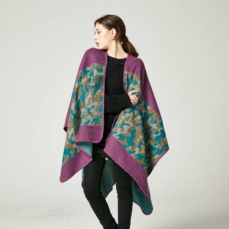 Womens Fashion Camouflage Imitation Cashmere Split Long Thickened Shawl Cape