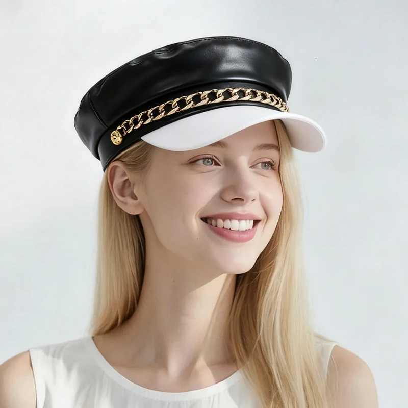 Fashionable Autumn Winter Metal Chain Decorated Casual Versatile Double Partition Cos Hat Stylish Flat Top C for All Seasons Y251025