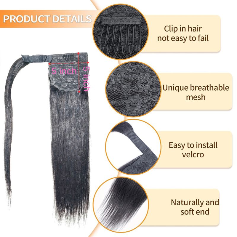 Ponytail Human Hair Natural Black 100% Remy Hair Ponytail Long Straight Wrap Around Ponytail Clip in Hair One Piece Hairpiece for Women