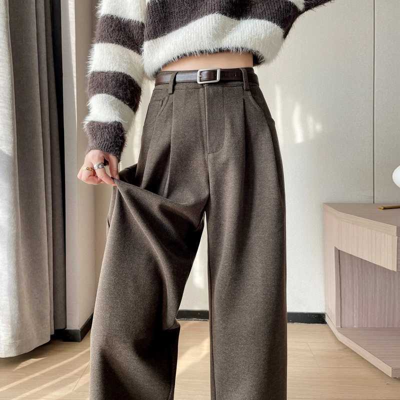 MEXZT Woolen Wide Leg Pants Women Streetwear Belt Fleece Baggy Black Suit Pants Winter Korean Fashion Casual Straight TrousersT251025