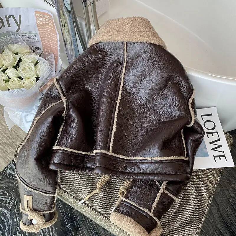Black Lambswool Jacket Winter Thickened Plus Veet Motorcycle Faux Leather ing Coat PU Plush Cardigan Stand Collar Tops dongdumaoyi