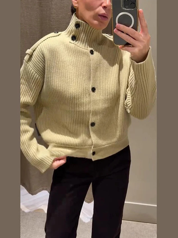 Knitted Womens Cardigan Stand Collar Full Sleeve SingleBreasted Solif Female Cardigans Autumn Fashion Chic Lady Outwears 251021
